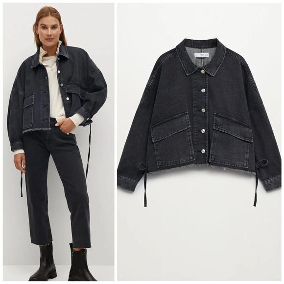 Mango Denim Bomber Jacket Ties New - Picture 1 of 10